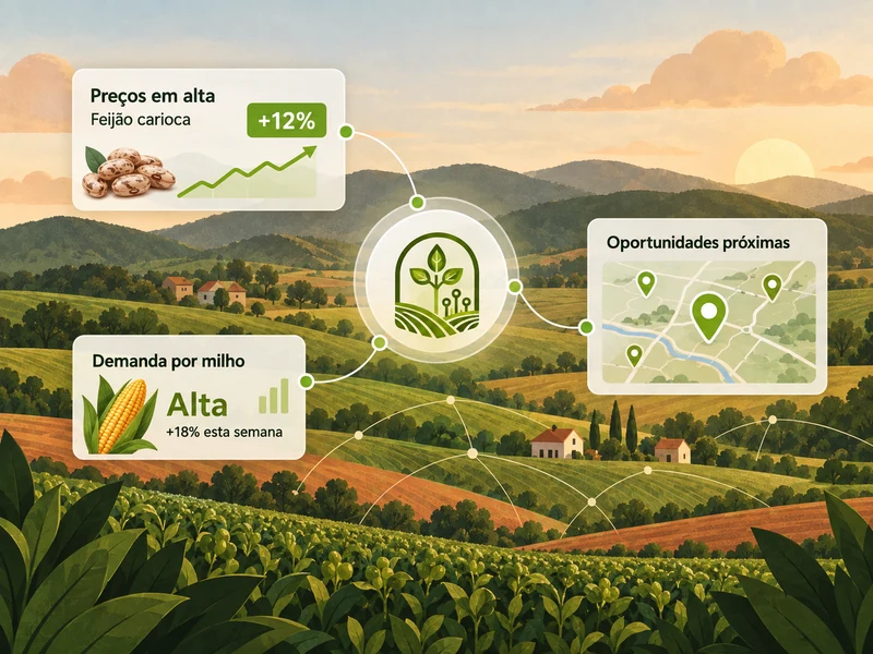 Campo produtivo com indicadores de dados e oportunidades próximas